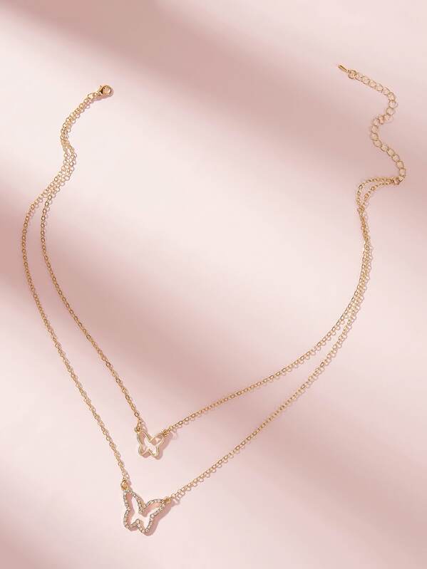 

1pc Rhinestone Engraved Butterfly Charm Layered Necklace, Gold