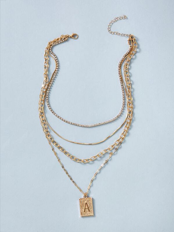 

1pc Letter Engraved Geometric Charm Layered Necklace, Gold