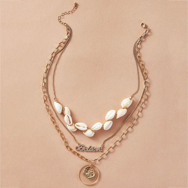 

1pc Shell & Rhinestone Decor Layered Necklace, Gold