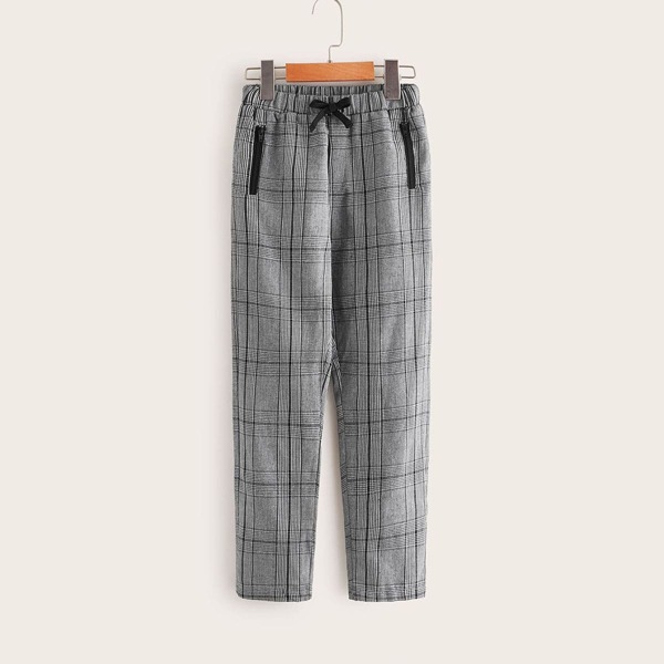 

Boys Elastic Waist Zipper Detail Plaid Pants, Grey