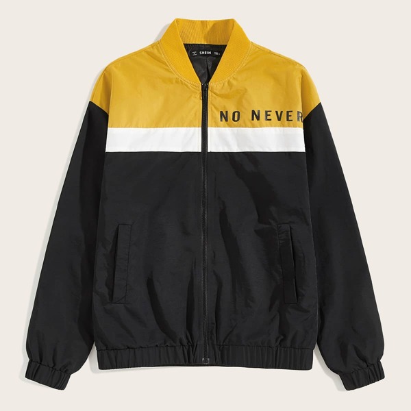 

Men Slogan Graphic Colorblock Bomber Jacket, Black