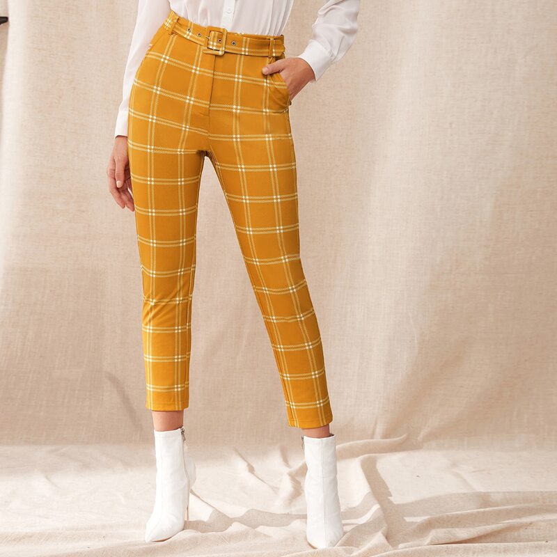 

Slant Pocket Plaid Belted Pants, Yellow bright