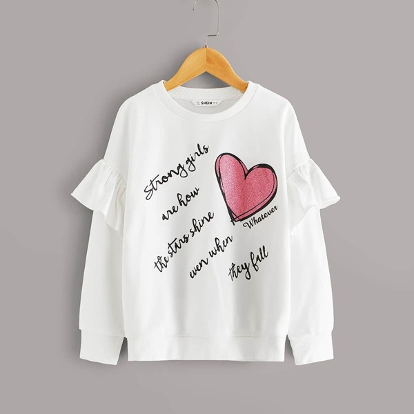 

Girls Ruffle Trim Slogan Graphic Pullover, White