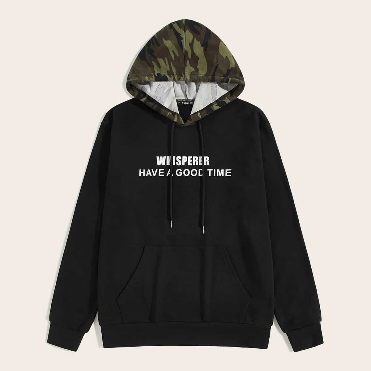 

Guys Slogan Graphic Pocket Front Camo Hooded Pullover, Black