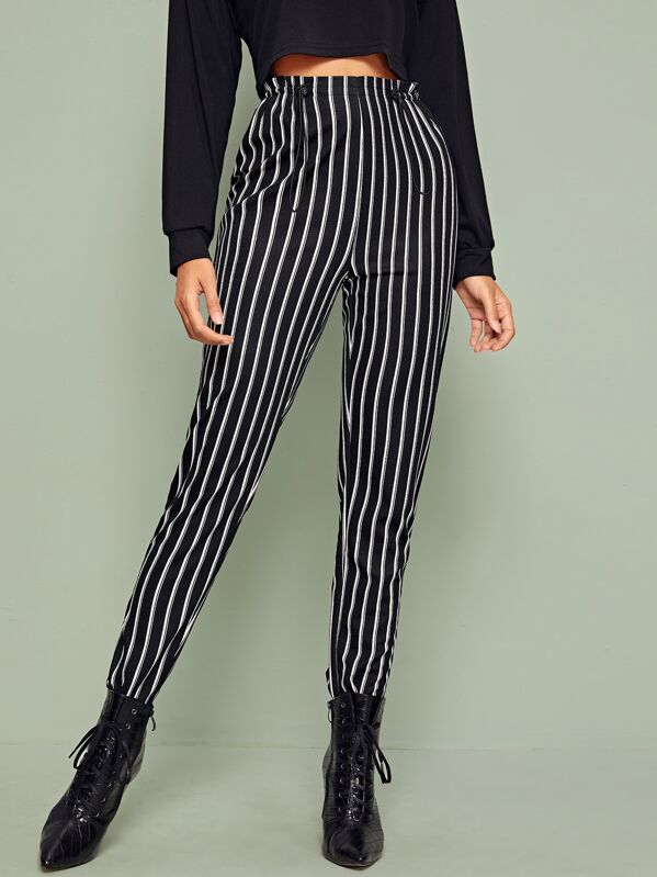 

Paperbag Drawstring Waist Striped Pants, Black, Giulia