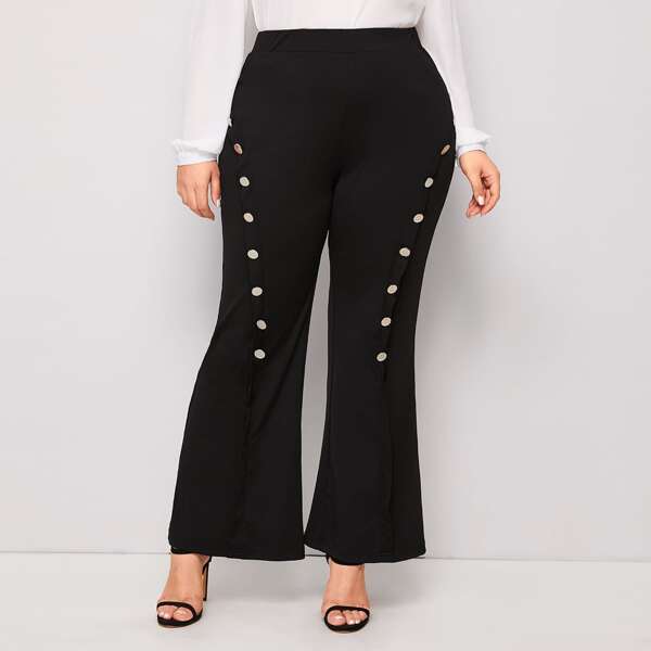 

Plus Buttoned Front Flare Leg Pants, Black