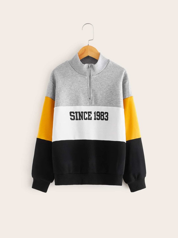 

Boys Zip Half Placket Colorblock Letter Graphic Pullover, Multicolor