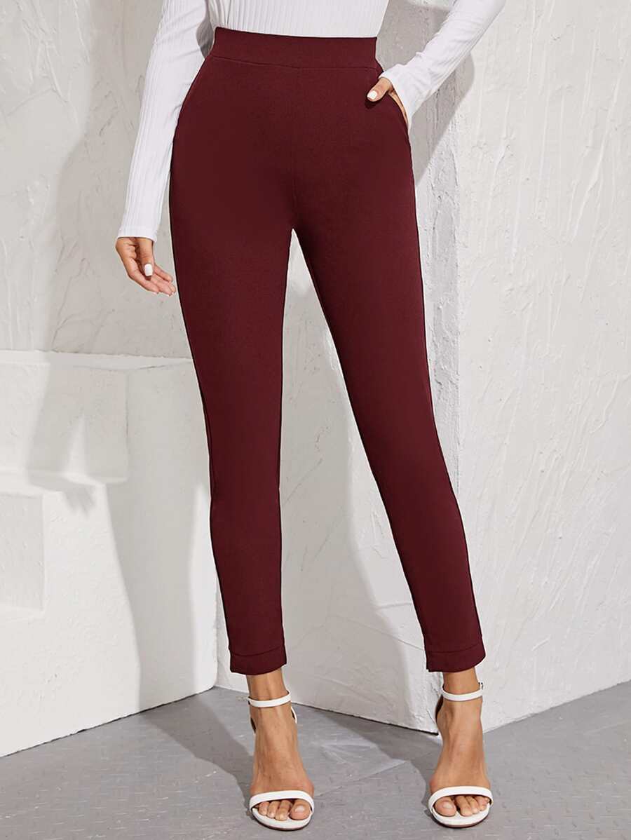 SHEIN Essnce High-Rise Vented Ankle-Cut Trousers - Burgundy - View 1