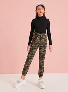 SHEIN Camiseta de niñas tejida de canalé de cuello alto - Negro - Ver 3