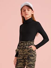 SHEIN Camiseta de niñas tejida de canalé de cuello alto - Negro - Ver 4