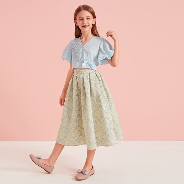 

Girls Puff Sleeve Applique Top & Floral Jacquard Skirt Set, Multicolor