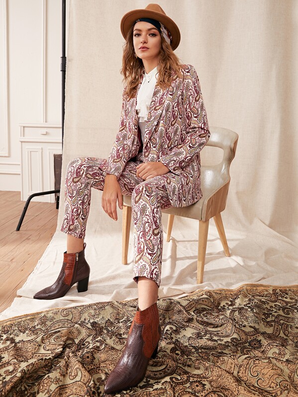 

Notched Collar Pocket Front Paisley Print Blazer, Multicolor, Luiza