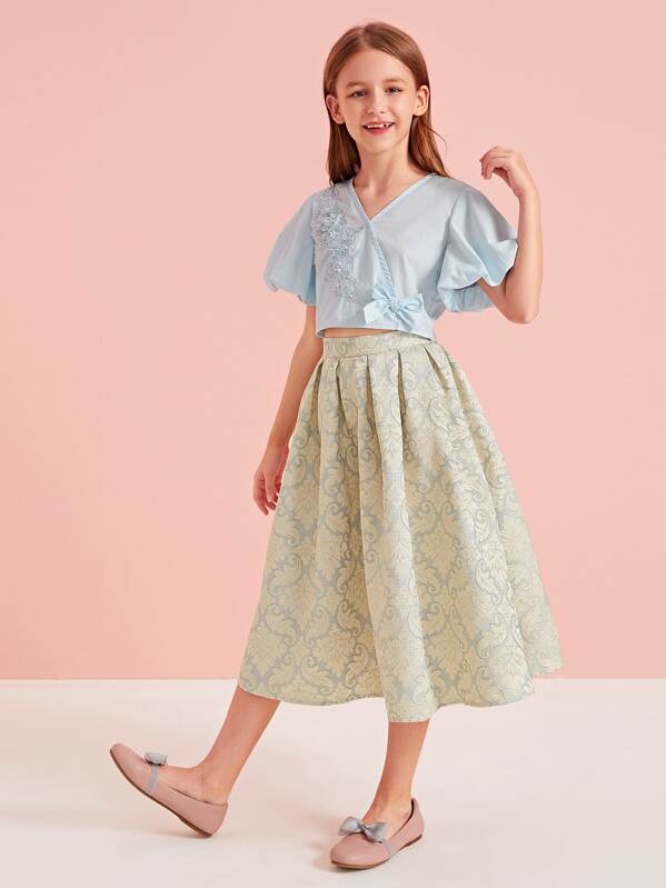 

Girls Puff Sleeve Applique Top & Floral Jacquard Skirt Set, Multicolor, Sashab