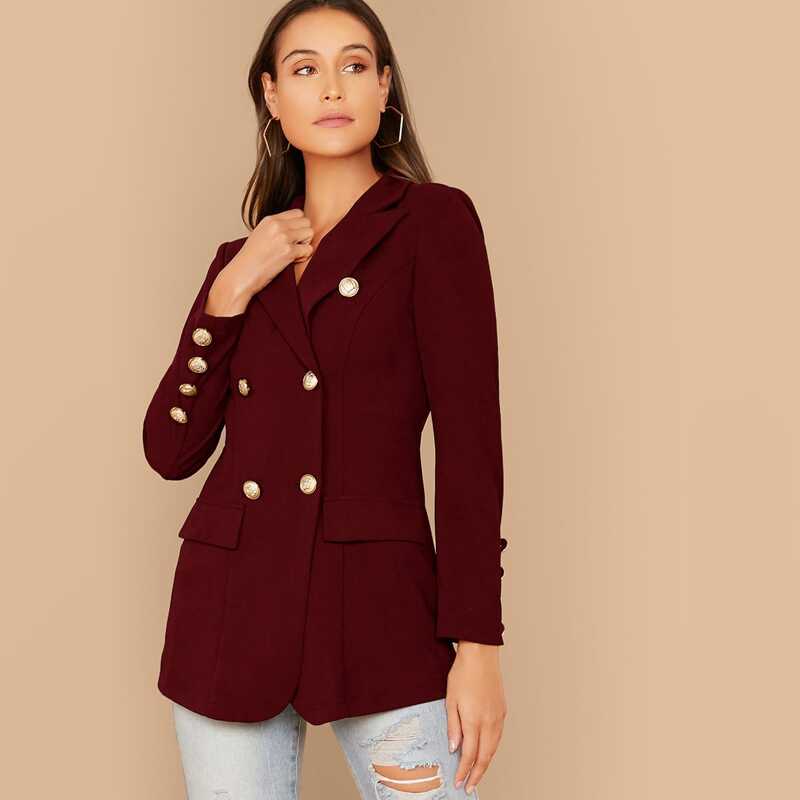 

Notch Collar Double Breasted Blazer, Burgundy