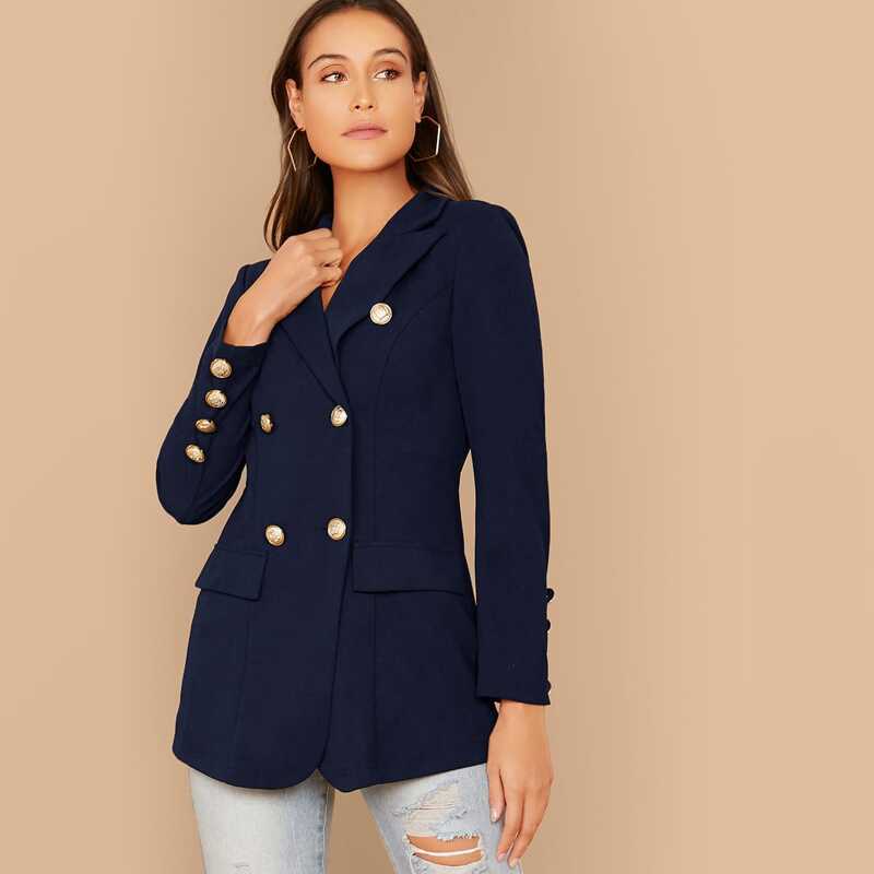 

Gold Button Double Breasted Fitted Blazer, Navy