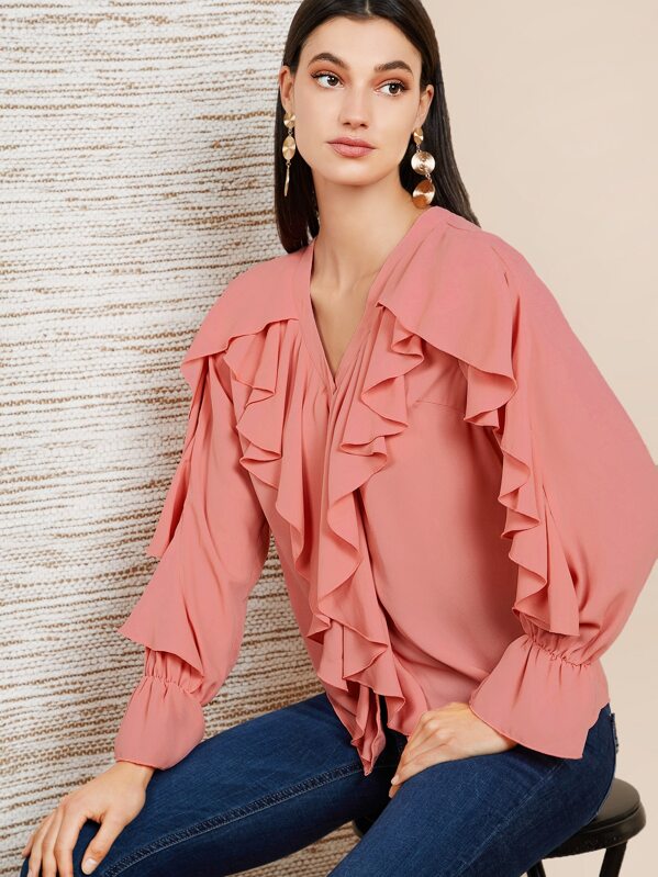 

V-neck Ruffle Detail Blouse, Pink, Yvonne Wegener