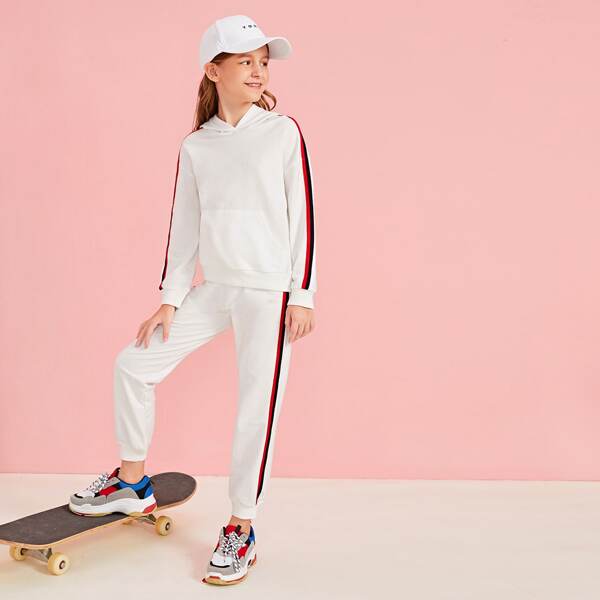 

Girls Striped Tape Detail Hoodie & Sweatpants Set, White