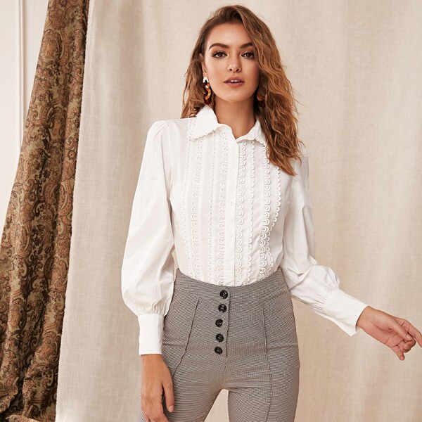 

Lace Trim Lantern Sleeve Shirt, White