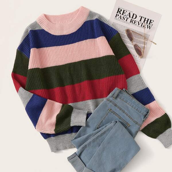 

Bishop Sleeve Colorblock Striped Sweater, Multicolor