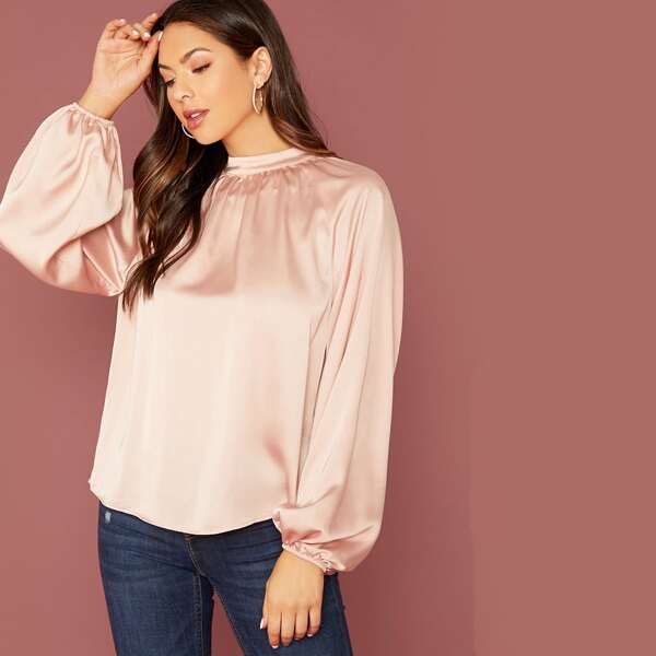 

Button Back Lantern Sleeve Satin Blouse, Pink pastel