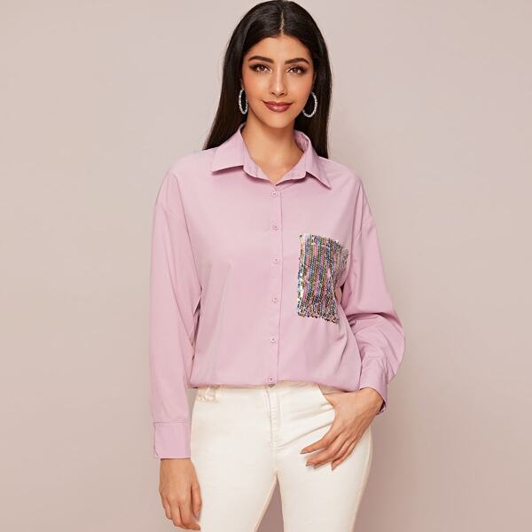 

Sequin Pocket Dolphin Hem Shirt, Pink pastel