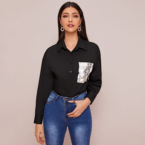 

Contrast Sequin Pocket Curved Hem Blouse, Black