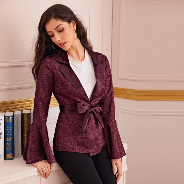 

Flounce Sleeve Jacquard Belted Blazer, Burgundy