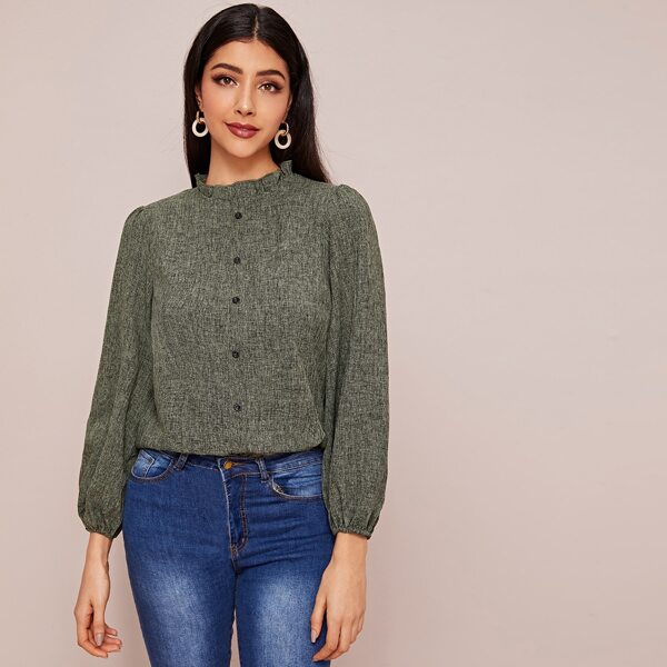 

Frill Neck Buttoned Front Marled Blouse, Army green