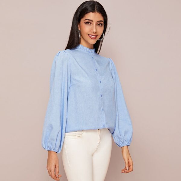 

Frill Neck Buttoned Front Marled Blouse, Blue pastel