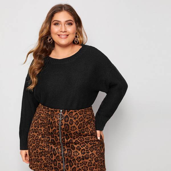 

Plus Drop Shoulder Solid Sweater, Black