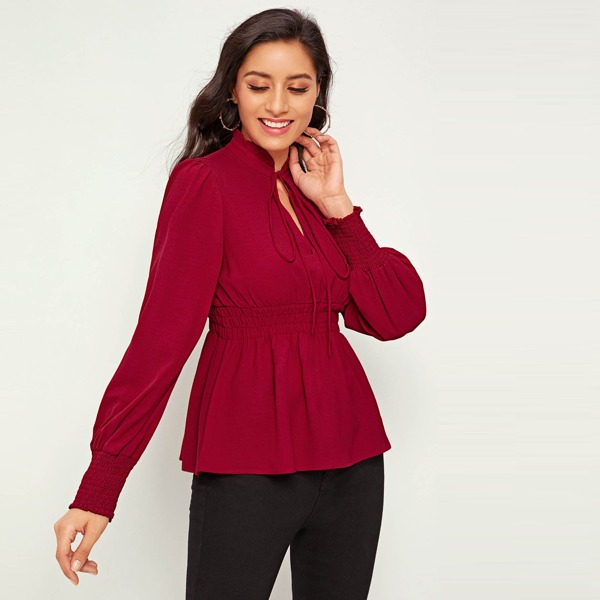 

Shirred Frill Neck Tie Front Blouse