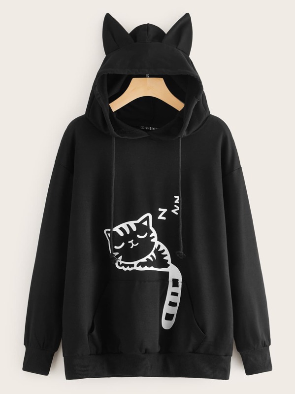 

Cat Print Pocket Front Ear Hoodie, Black