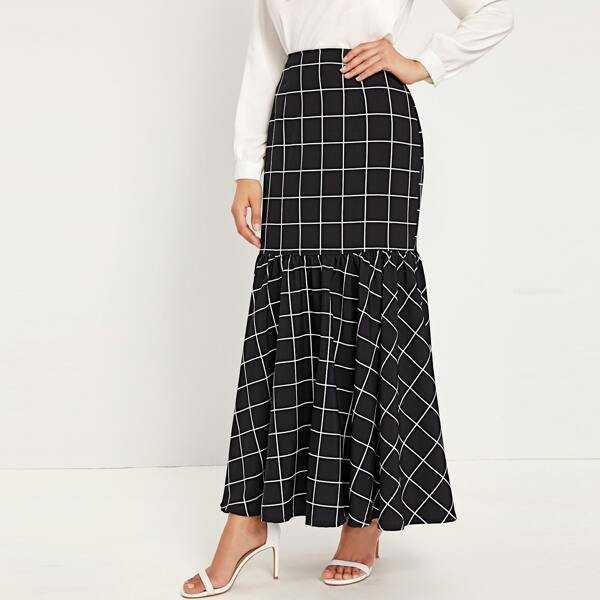 

Grid Plaid Zipper Back Mermaid Skirt, Black