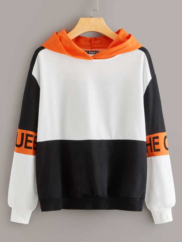 

Neon Panel Letter Graphic Colorblock Hoodie, Black and white