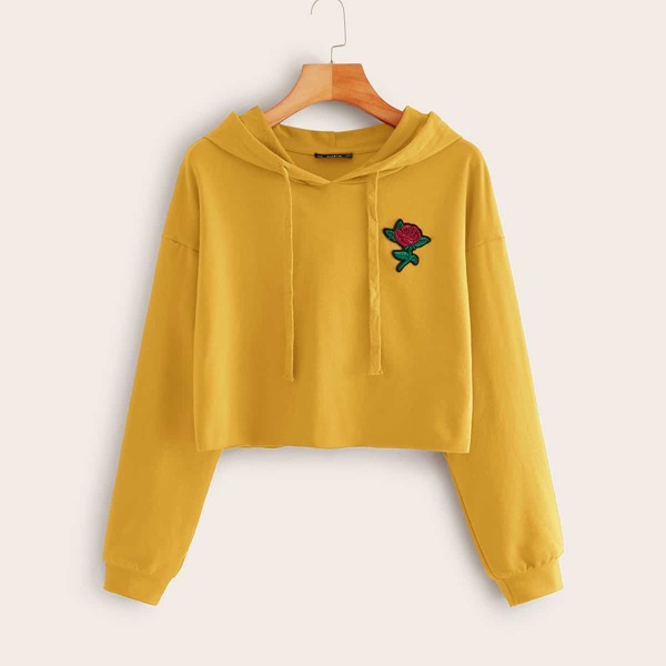 

Rose Patch Raw Hem Hoodie, Yellow bright