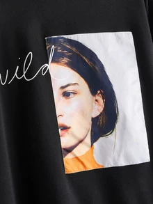 SHEIN Unity Áo nỉ Lá thư màu đen Giải trí - màu đen - Xem 3
