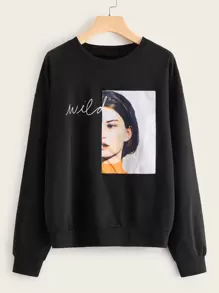 SHEIN Unity Áo nỉ Lá thư màu đen Giải trí - màu đen - Xem 1