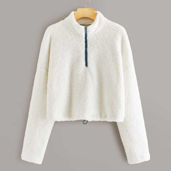 

Zip Front Drawstring Hem Teddy Sweatshirt, White