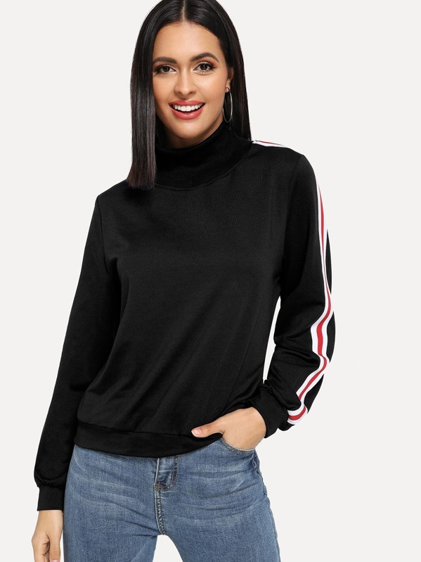 

High Neck Striped Tape Side Sweatshirt, Black, Verob