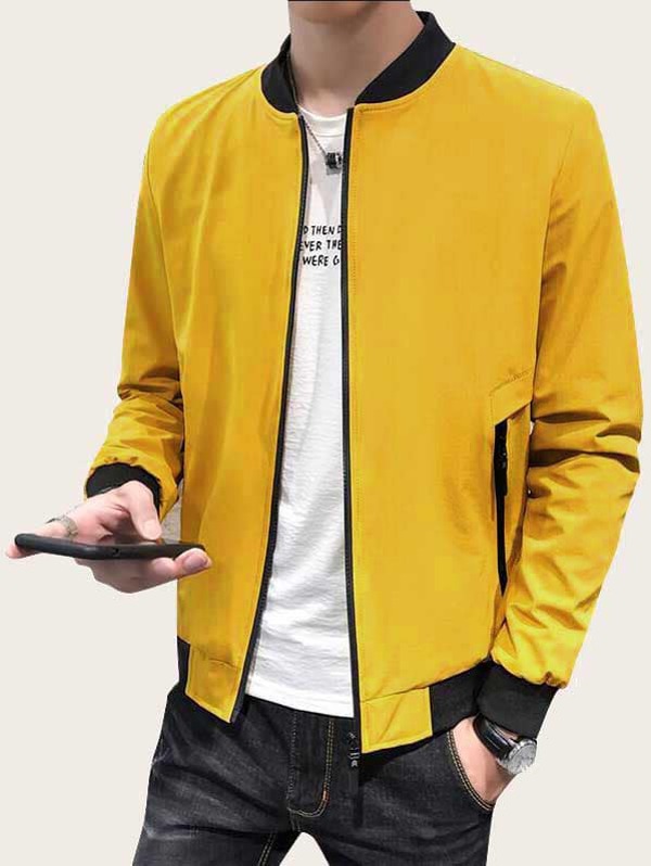 

Men Contrast Binding Zip Up Bomber Jacket, Yellow, Ramon