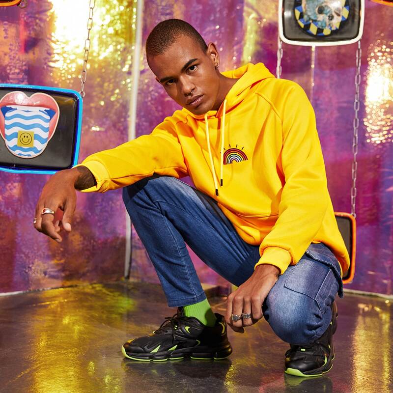 

Guys Rainbow Print Drawstring Hoodie, Yellow bright