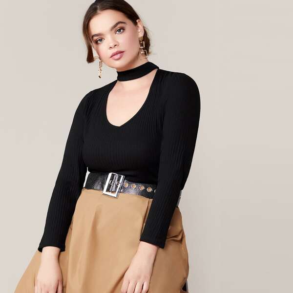 

Plus Choker Neck Cut Out Rib-knit Top, Black