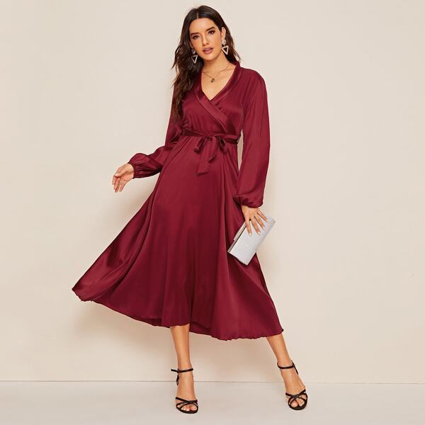 

Satin Surplice Front Belted A-line Dress, Burgundy