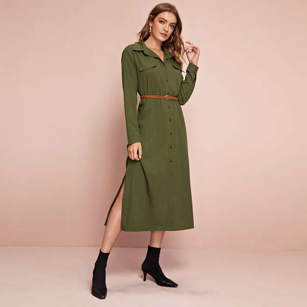 

Button Through Side Split Belted Shirt Dress, Army green