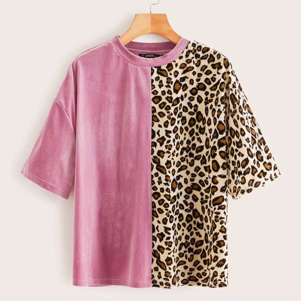 

Drop Shoulder Leopard Print Spliced Velvet Tee, Multicolor