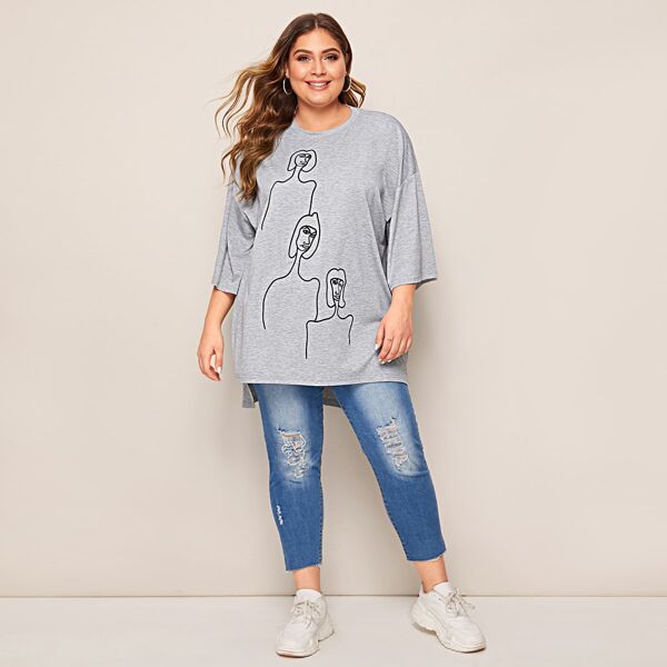 

Plus Figure Graphic Stepped Hem Heather Knit Tee, Grey
