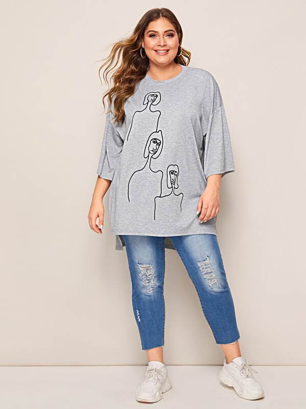 

Plus Figure Graphic Stepped Hem Heather Knit Tee, Grey, Carol
