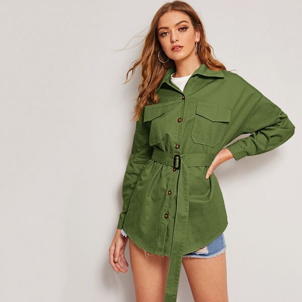

Button Front Flap Pocket Belted Outerwear, Army green