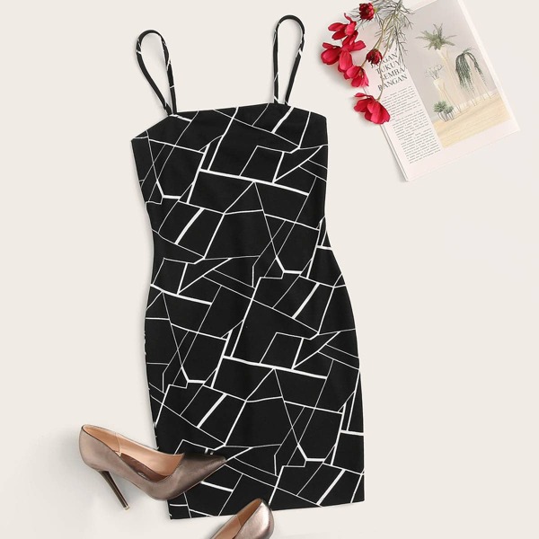 

Plus Geo Print Cami Bodycon Dress, Black