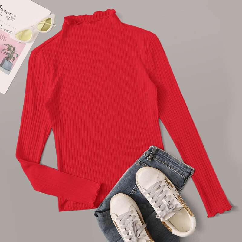 

Lettuce Trim Rib-knit Tee, Red